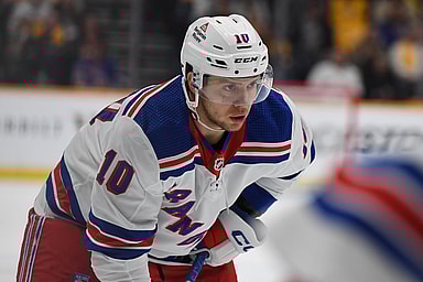 New York Rangers left wing Artemi Panarin (10) waits for a face off against the Nashville Predators during the second period at Bridgestone Arena
