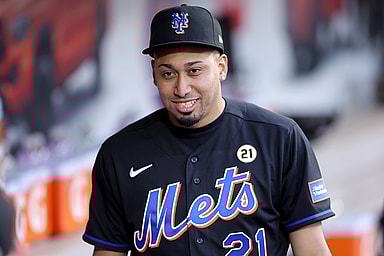 New York Mets injured pitcher Edwin Diaz in the dugout before a game against the Cincinnati Reds at Citi Field