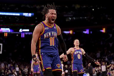 New York Knicks guard Jalen Brunson (11) celebrates his three point shot against the Toronto Raptors during the third quarter at Madison Square Garden