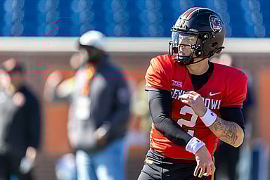 American quarterback Spencer Rattler of South Carolina (2) (New York Giants draft prospect) throws the ball during practice for the American team at Hancock Whitney Stadium