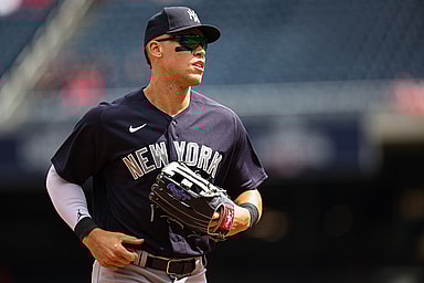 New York Yankees center fielder Aaron Judge (99) looks on against the Washington Nationals during the second inning of the Spring Training game at Nationals Park