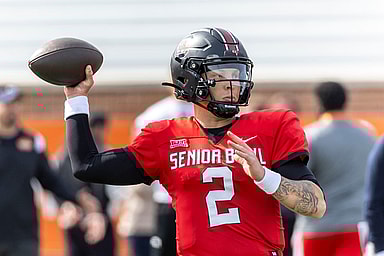 American quarterback Spencer Rattler of South Carolina (2) throws the ball during practice for the American team at Hancock Whitney Stadium (New York Giants draft prospect)