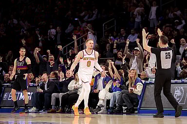 New York Knicks guard Donte DiVincenzo (0) celebrates his three point shot against the Detroit Pistons during the fourth quarter at Madison Square Garden