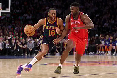 New York Knicks guard Alec Burks (18) drives to the basket against New Orleans Pelicans forward Zion Williamson (1) during the second quarter at Madison Square Garden