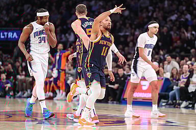 New York Knicks guard Jalen Brunson (11) gestured after making a three point shot in the first quarter against the Orlando Magic at Madison Square Garden