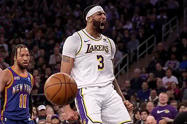 Los Angeles Lakers forward Anthony Davis (3) reacts after a dunk against New York Knicks guard Jalen Brunson (11) during the first quarter at Madison Square Garden