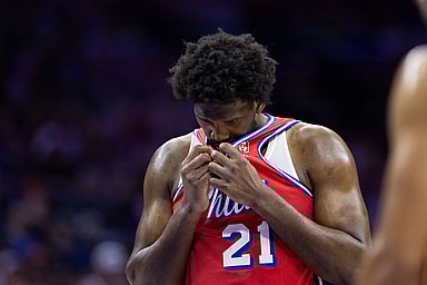 Apr 28, 2024; Philadelphia, Pennsylvania, USA; Philadelphia 76ers center Joel Embiid (21) prepares to take a foul shot against the New York Knicks during the first half of game four of the first round in the 2024 NBA playoffs at Wells Fargo Center. Mandatory Credit: Bill Streicher-USA TODAY Sports