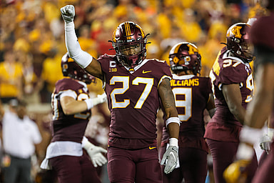 Aug 31, 2023; Minneapolis, Minnesota, USA; Minnesota Golden Gophers defensive back Tyler Nubin (New York Giants) (27) celebrates a stop against the Nebraska Cornhuskers during the fourth quarter at Huntington Bank Stadium. Mandatory Credit: Matt Krohn-USA TODAY Sports