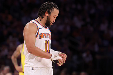 May 19, 2024; New York, New York, USA; New York Knicks guard Jalen Brunson (11) flexes his left hand during the third quarter of game seven of the second round of the 2024 NBA playoffs against the Indiana Pacers at Madison Square Garden. Mandatory Credit: Brad Penner-USA TODAY Sports