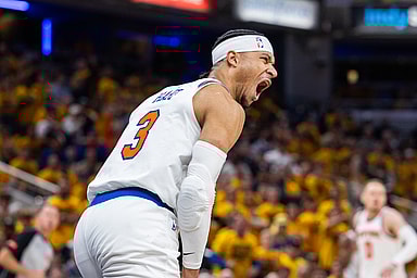May 10, 2024; Indianapolis, Indiana, USA; New York Knicks guard Josh Hart (3) reacts to a made basket during game three of the second round for the 2024 NBA playoffs against the Indiana Pacers at Gainbridge Fieldhouse. Mandatory Credit: Trevor Ruszkowski-USA TODAY Sports