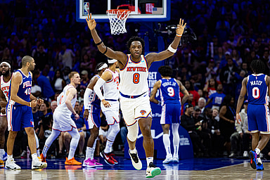 May 2, 2024; Philadelphia, Pennsylvania, USA; New York Knicks forward OG Anunoby (8) reacts to his three pointer against the Philadelphia 76ers during the second half of game six of the first round for the 2024 NBA playoffs at Wells Fargo Center. Mandatory Credit: Bill Streicher-USA TODAY Sports