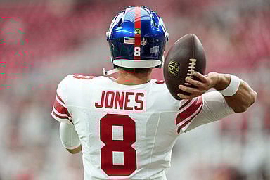 Sep 17, 2023; Glendale, Arizona, USA; New York Giants quarterback Daniel Jones (8) warms up prior to facing the Arizona Cardinals at State Farm Stadium. Mandatory Credit: Joe Camporeale-USA TODAY Sports
