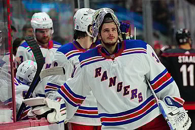 May 9, 2024; Raleigh, North Carolina, USA; New York Rangers goaltender Igor Shesterkin (31) looks on against the Carolina Hurricanes during the first period in game three of the second round of the 2024 Stanley Cup Playoffs at PNC Arena. Mandatory Credit: James Guillory-USA TODAY Sports