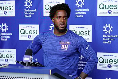 New York Giants assistant general manager Brandon Brown talks to reporters after the first day of mandatory minicamp at the Giants training center in East Rutherford on Tuesday, June 13, 2023.