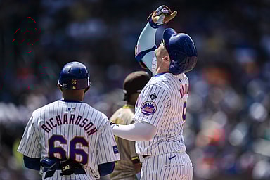Jun 16, 2024; New York City, New York, USA; New York Mets outfielder Brandon Nimmo (9) reacts after hitting a single against the San Diego Padres during the fourth inning at Citi Field. Mandatory Credit: John Jones-USA TODAY Sports