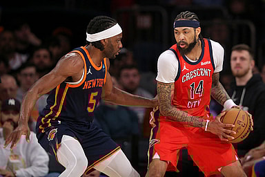 Feb 27, 2024; New York, New York, USA; New Orleans Pelicans forward Brandon Ingram (14) controls the ball against New York Knicks forward Precious Achiuwa (5) during the second quarter at Madison Square Garden. Mandatory Credit: Brad Penner-USA TODAY Sports
