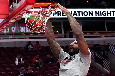 Apr 9, 2024; Chicago, Illinois, USA; Chicago Bulls center Andre Drummond (3) warms up before the game against the New York Knicks at United Center. Mandatory Credit: David Banks-USA TODAY Sports