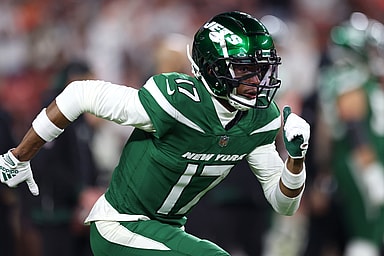 Dec 28, 2023; Cleveland, Ohio, USA; New York Jets wide receiver Garrett Wilson (17) warms up before the game against the Cleveland Browns at Cleveland Browns Stadium. Mandatory Credit: Scott Galvin-USA TODAY Sports