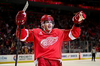 Apr 5, 2024; Detroit, Michigan, USA; Detroit Red Wings right wing Patrick Kane (88) celebrates center Dylan Larkin (not pictured) goal during the second period against the New York Rangers at Little Caesars Arena. Mandatory Credit: Tim Fuller-USA TODAY Sports