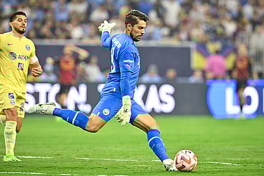 Jul 20, 2022; Houston, TX, USA; Manchester City goalkeeper Stefan Ortega (18) kicks the ball during the first half against the Club America at NRG Stadium. Mandatory Credit: Maria Lysaker-USA TODAY Sports