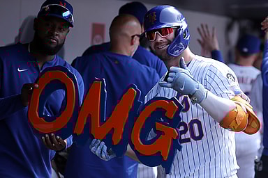 Jul 28, 2024; New York City, New York, USA; New York Mets first baseman Pete Alonso (20) celebrates his two run home run against the Atlanta Braves in the dugout during the eighth inning at Citi Field. Mandatory Credit: Brad Penner-USA TODAY Sports