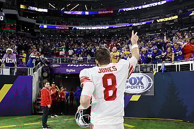 Jan 15, 2023; Minneapolis, Minnesota, USA; New York Giants quarterback Daniel Jones (8) reacts after winning a wild card game against the Minnesota Vikings at U.S. Bank Stadium. Mandatory Credit: Matt Krohn-USA TODAY Sports