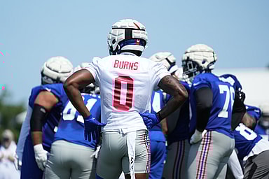 Jul 26, 2024; East Rutherford, NJ, USA; New York Giants linebacker Brian Burns (0) looks on during training camp at Quest Diagnostics Training Center. Mandatory Credit: Lucas Boland-USA TODAY Sports