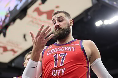 Oct 28, 2023; New Orleans, Louisiana, USA; New Orleans Pelicans center Jonas Valanciunas (17) checks for injury after being hit in the face at Smoothie King Center. Mandatory Credit: Matthew Dobbins-USA TODAY Sports