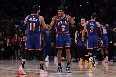 May 14, 2024; New York, New York, USA; New York Knicks guard Miles McBride (2) celebrates with guard Jalen Brunson (11) during the second half during game five of the second round for the 2024 NBA playoffs against the Indiana Pacers at Madison Square Garden. Mandatory Credit: Vincent Carchietta-USA TODAY Sports