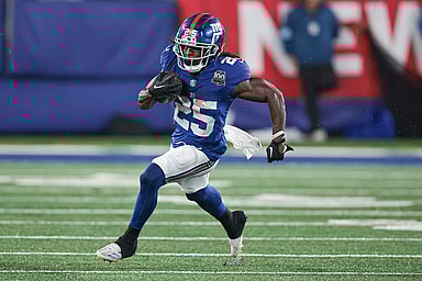 Aug 8, 2024; East Rutherford, New Jersey, USA; New York Giants running back Dante Miller (25) carries the ball during the second half against the Detroit Lions at MetLife Stadium. Mandatory Credit: Vincent Carchietta-USA TODAY Sports