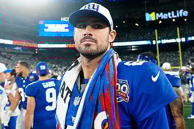 New York Giants quarterback Daniel Jones (8) is shown at MetLife Stadium after the game, Thursday, August 8 2024, in East Rutherford.