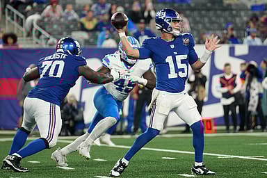 New York Giants quarterback Tommy DeVito (15) gets ready to throw the ball during the fourth quarter, Thursday, August 8 2024, in East Rutherford.
