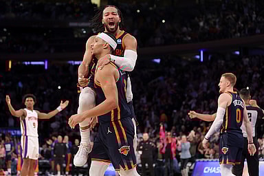 Feb 26, 2024; New York, New York, USA; New York Knicks guard Jalen Brunson (11) celebrates with guard Josh Hart (3) during the fourth quarter against the Detroit Pistons at Madison Square Garden. Mandatory Credit: Brad Penner-Imagn Images