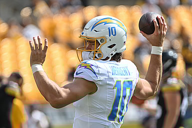 Sep 22, 2024; Pittsburgh, Pennsylvania, USA; Los Angeles Chargers quarterback Justin Herbert (10) works out before a game against the Pittsburgh Steelers at Acrisure Stadium. Mandatory Credit: Barry Reeger-Imagn Images