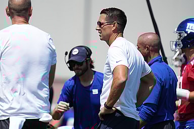 Jul 26, 2024; East Rutherford, NJ, USA; New York Giants general manager Joe Schoen looks on during training camp at Quest Diagnostics Training Center. Mandatory Credit: Lucas Boland-Imagn Images