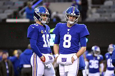New York Giants quarterbacks Eli Manning (10) and Daniel Jones (8) on the field for pregame warmups on Sunday, Dec. 29, 2019, in East Rutherford.