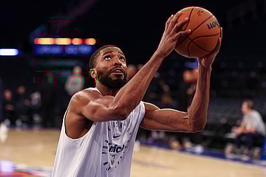 Oct 13, 2024; New York, New York, USA; New York Knicks forward Mikal Bridges (25) warms up before the game against the Minnesota Timberwolves at Madison Square Garden. Mandatory Credit: Vincent Carchietta-Imagn Images