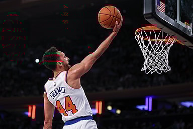 Oct 13, 2024; New York, New York, USA; New York Knicks guard Landry Shamet (44) lays the ball up for a basket  during the first half against the Minnesota Timberwolves at Madison Square Garden. Mandatory Credit: Vincent Carchietta-Imagn Images