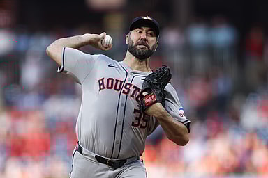 Aug 27, 2024; Philadelphia, Pennsylvania, USA; Houston Astros pitcher Justin Verlander (35) throws a pitch during the first inning against the Philadelphia Phillies at Citizens Bank Park. Mandatory Credit: Bill Streicher-Imagn Images