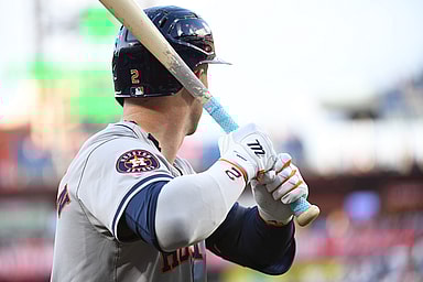 Aug 26, 2024; Philadelphia, Pennsylvania, USA; Houston Astros third base Alex Bregman (2) on deck against the Philadelphia Phillies at Citizens Bank Park. Mandatory Credit: Eric Hartline-Imagn Images