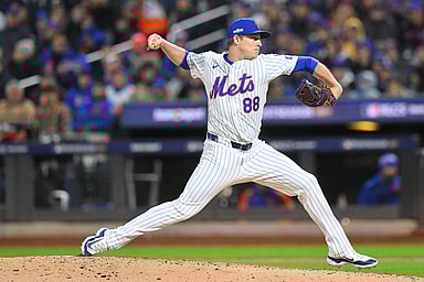 Oct 17, 2024; New York City, New York, USA; New York Mets pitcher Phil Maton (88) throws a pitch against the Los Angeles Dodgers in the sixth inning during game four of the NLCS for the 2024 MLB playoffs at Citi Field. Mandatory Credit: John Jones-Imagn Images