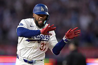 Aug 5, 2024; Los Angeles, California, USA;   Los Angeles Dodgers left fielder Teoscar Hernandez (37) celebrates as he rounds the bases after hitting a two-run home run in the third inning against the Philadelphia Phillies at Dodger Stadium. Mandatory Credit: Jayne Kamin-Oncea-Imagn Images