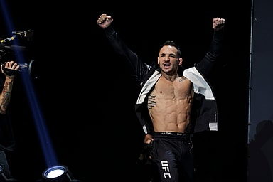 Nov 11, 2022; New York, NY, USA; Michael Chandler gestures during weigh-ins for UFC 281. Mandatory Credit: Jessica Alcheh-Imagn Images