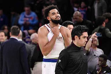 Nov 13, 2024; New York, New York, USA; New York Knicks center Karl-Anthony Towns (32) reacts after a game against the Chicago Bulls at Madison Square Garden. Mandatory Credit: John Jones-Imagn Images