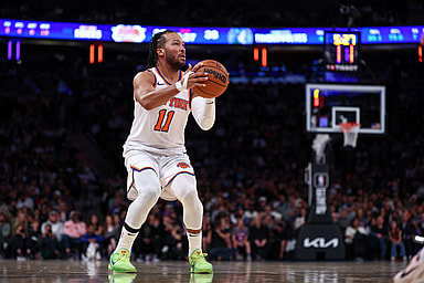 Oct 13, 2024; New York, New York, USA; New York Knicks guard Jalen Brunson (11) shoots the ball during the first half against the Minnesota Timberwolves at Madison Square Garden. Mandatory Credit: Vincent Carchietta-Imagn Images