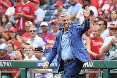 Aug 18, 2024; Philadelphia, Pennsylvania, USA; Former Philadelphia Phillies president Dave Dombrowski during Phillies Alumni Weekend and the 20th anniversary of Citizens Bank Park before game against the Washington Nationals at Citizens Bank Park. Mandatory Credit: Eric Hartline-Imagn Images