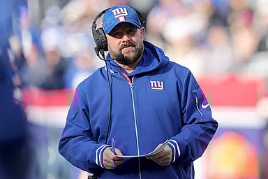 Dec 8, 2024; East Rutherford, New Jersey, USA; New York Giants head coach Brian Daboll coaches against the New Orleans Saints during the second quarter at MetLife Stadium. Mandatory Credit: Brad Penner-Imagn Images