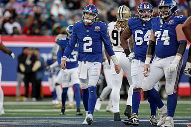 Dec 8, 2024; East Rutherford, New Jersey, USA; New York Giants quarterback Drew Lock (2) reacts during the fourth quarter against the New Orleans Saints at MetLife Stadium. Mandatory Credit: Brad Penner-Imagn Images