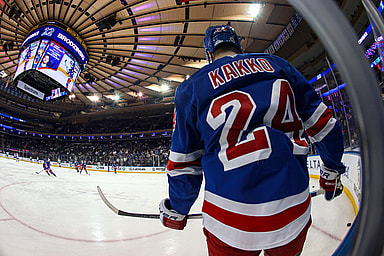 Dec 8, 2024; New York, New York, USA; New York Rangers right wing Kaapo Kakko (24) warms up before a game against the Seattle Kraken at Madison Square Garden. Mandatory Credit: Danny Wild-Imagn Images