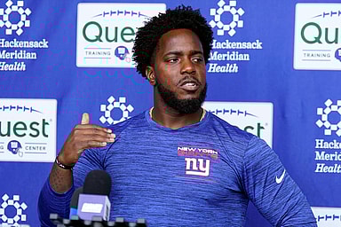 New York Giants assistant general manager Brandon Brown talks to reporters after the first day of mandatory minicamp at the Giants training center in East Rutherford on Tuesday, June 13, 2023.